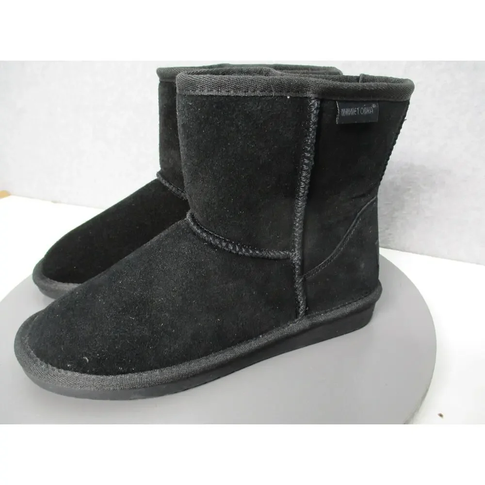 Minnetonka Faux Fur Suede Black Mini Winter Slip On Boots Womens Sz 6